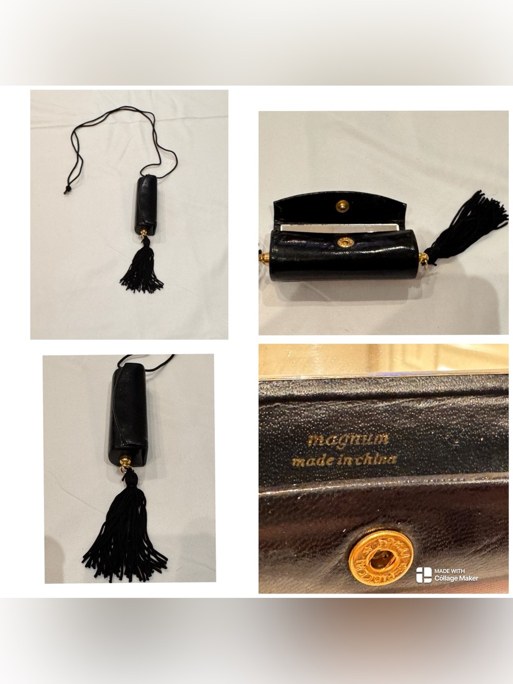Vintage 80s  Magnum black lipstick case necklace, with tassel & interior mirror